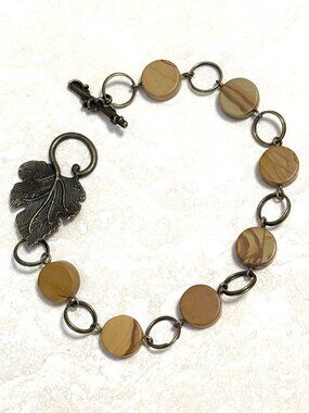 2/$20, Petrified Wood Jasper Bracelet, Natural Gemstone & Bronze Grape Leaf